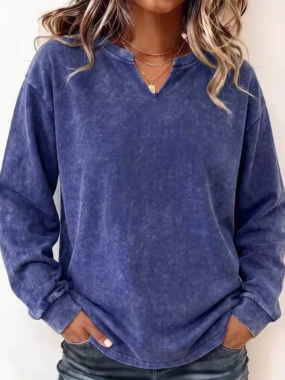 Vintage Washed Cotton Split V Neck Sweatshirt
