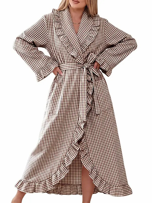 Women Lightweight Long Sleeve Plaid Adjustable Belt Casual Sleep Bath Robe