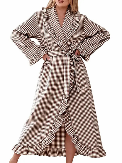 Women Lightweight Long Sleeve Plaid Adjustable Belt Casual Sleep Bath Robe