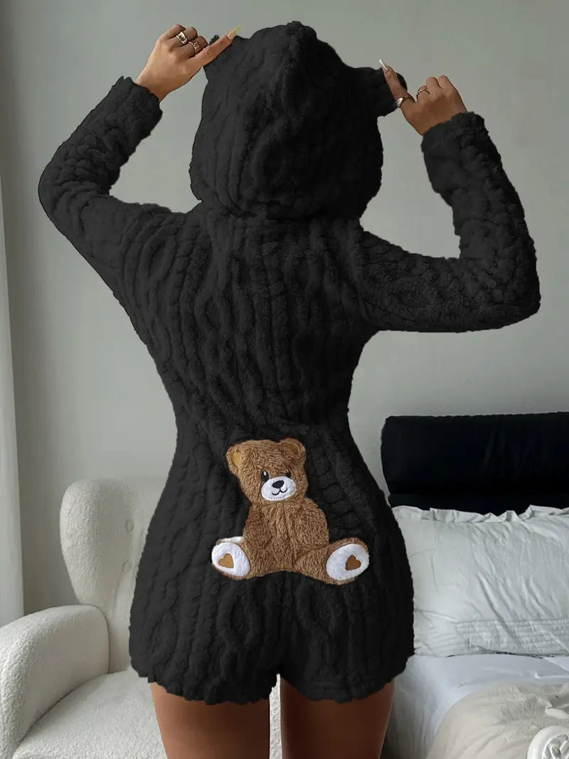 Cute Teddy Bear  Hooded Fleece Romper