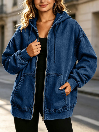 Oversized Zip Up Hooded Denim Jacket