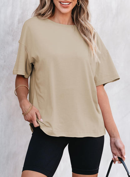 Women’s Round neck solid color short sleeve back spliced T-shirt cotton tee
