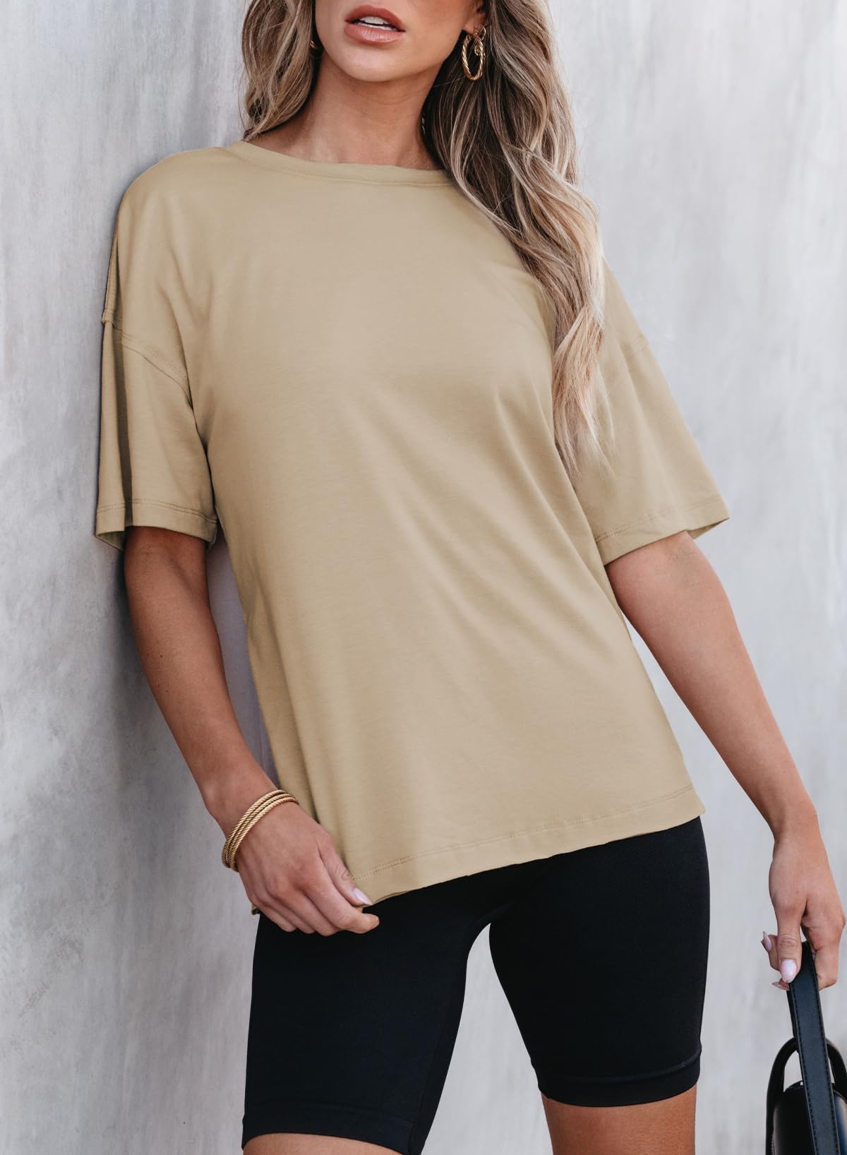 Women’s Round neck solid color short sleeve back spliced T-shirt cotton tee