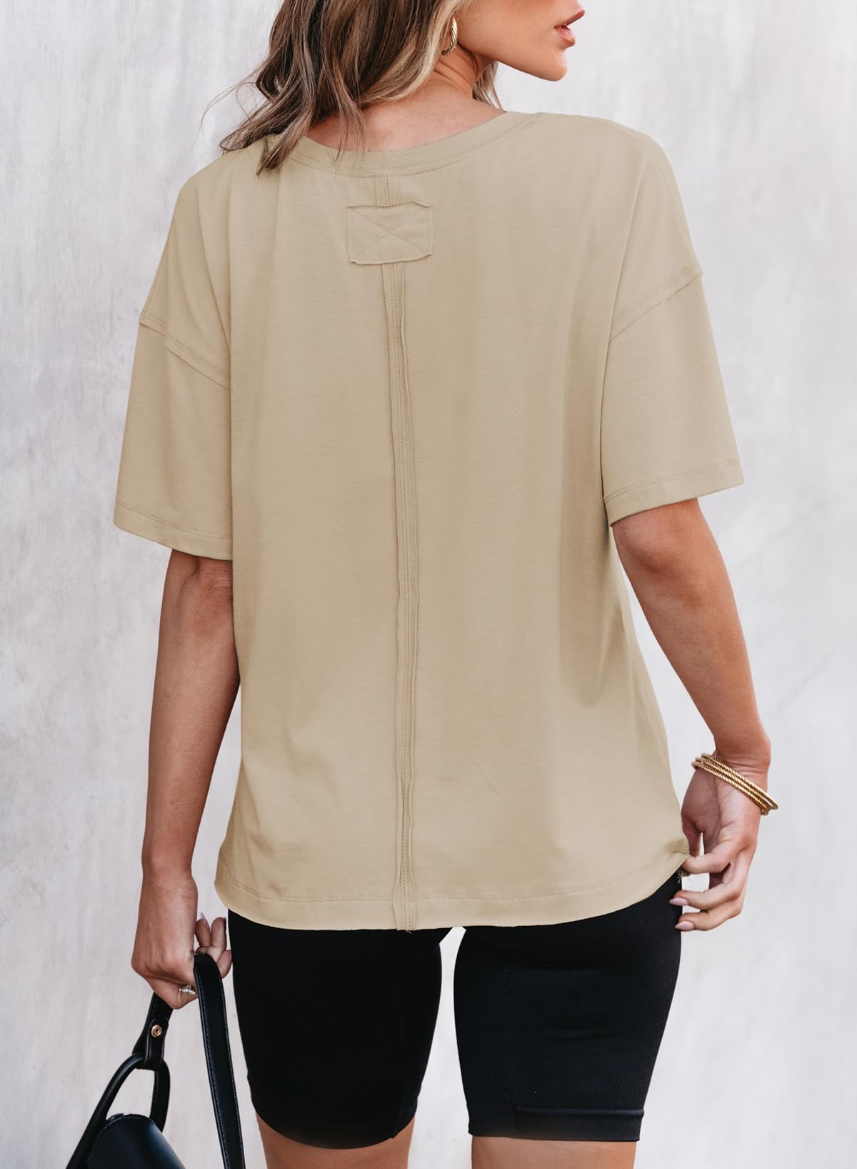 Women’s Round neck solid color short sleeve back spliced T-shirt cotton tee