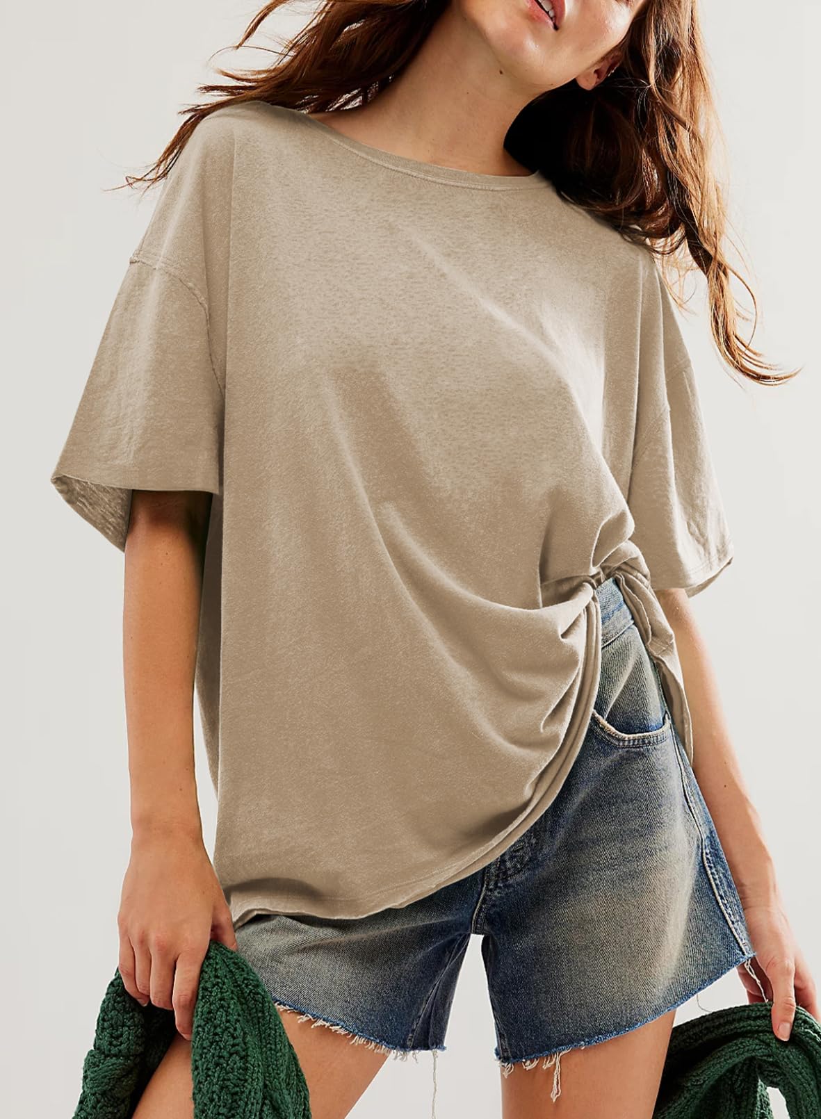Women’s Round neck solid color short sleeve back spliced T-shirt cotton tee