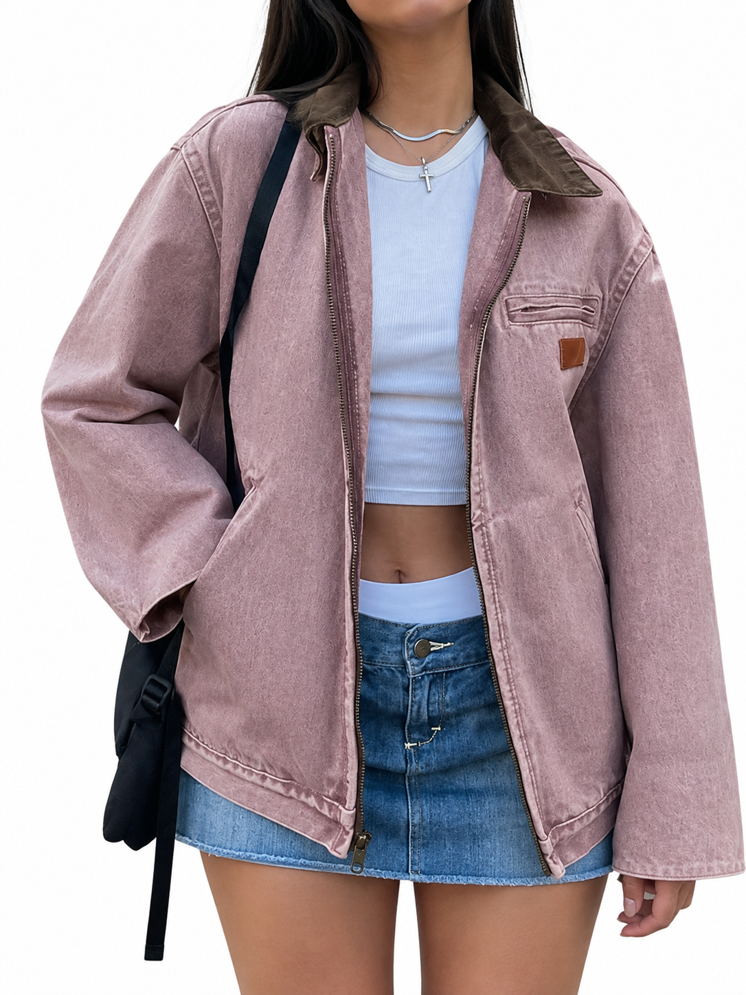 Women Zipper Collared Denim Barn Jacket