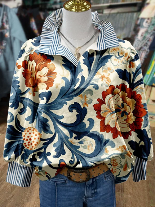 ✨Vintage Floral Print Striped Collar Top