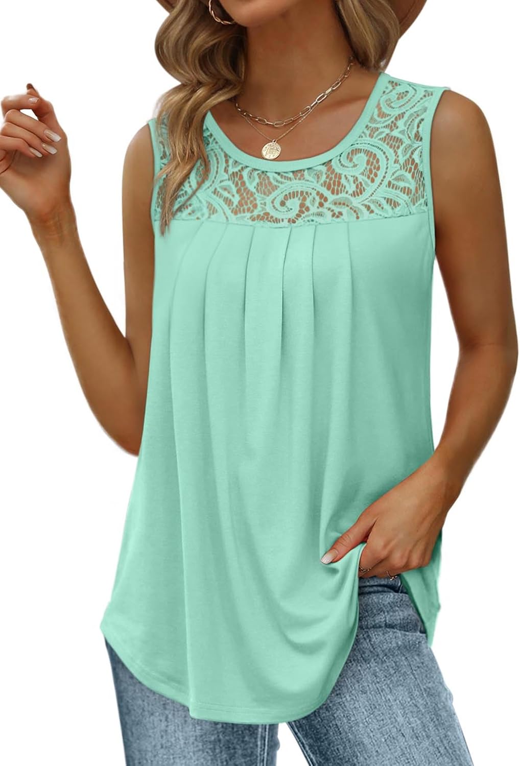 ✨Women's Loose Fit Pleated Scoop Neck Sleeveless Lace Tank Tops