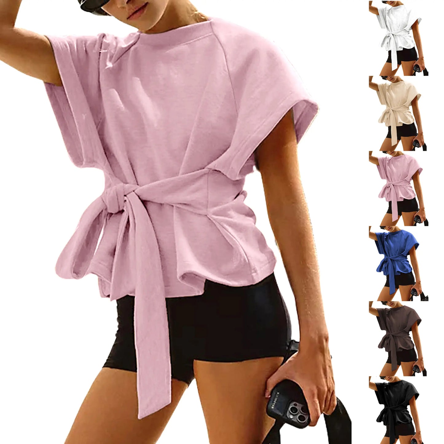 Women's Tie Waist Short Sleeve Crewneck Tee, Slimming Knot Front T-Shirt