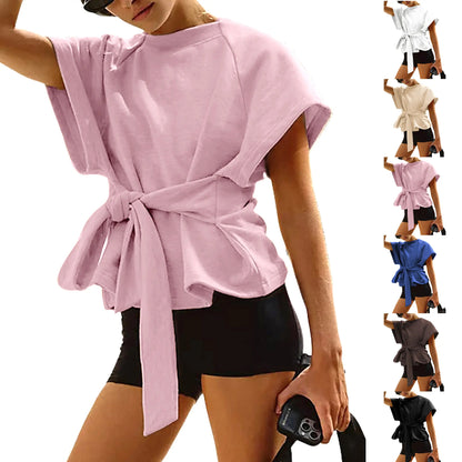 Women's Tie Waist Short Sleeve Crewneck Tee, Slimming Knot Front T-Shirt