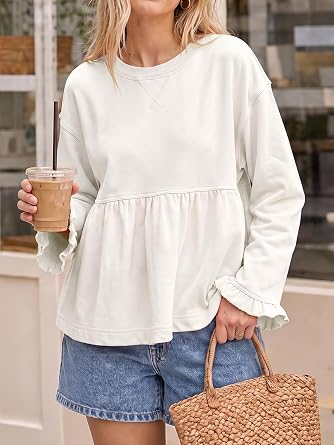 Women Crew Neck Ruffle Cuff Peplum Top