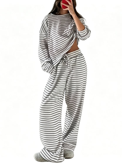 Women Striped 2 Piece Loungewear Set Crew Neck Top Wide Leg Pants