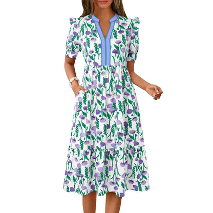 Women's Summer Midi Dress Casual Floral Puff Short Sleeve V Neck Swing