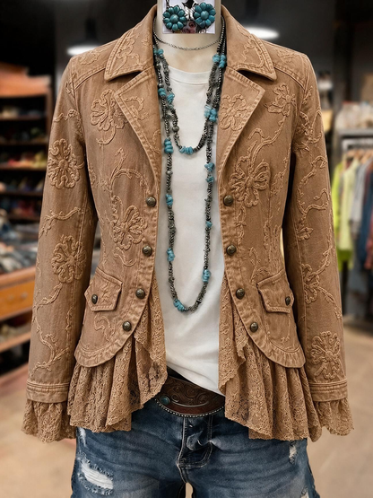 Women Floral Embroidery Lace Patch Long Sleeve Outer Jacket