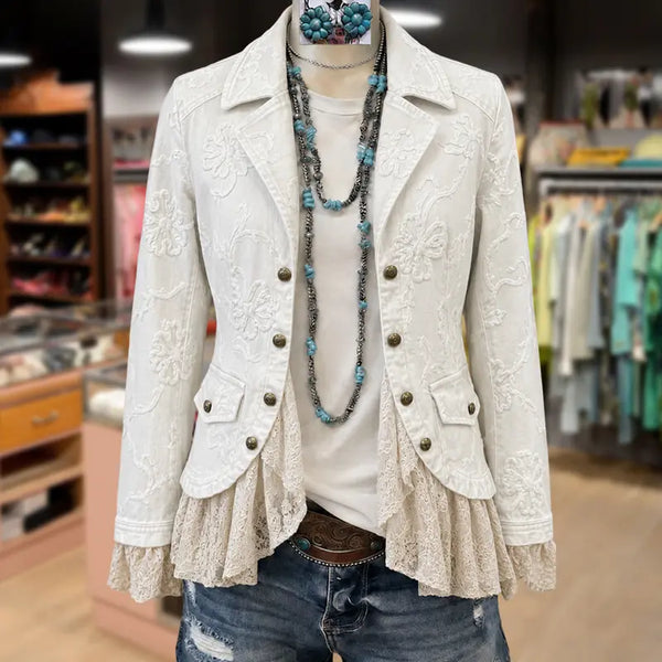Women Floral Embroidery Lace Patch Long Sleeve Outer Jacket