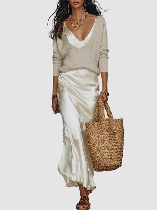 Hot Sale-Women Quiet Luxury 2 Piece Set Deep V Ribbed Sweater Slip Midi Skirt