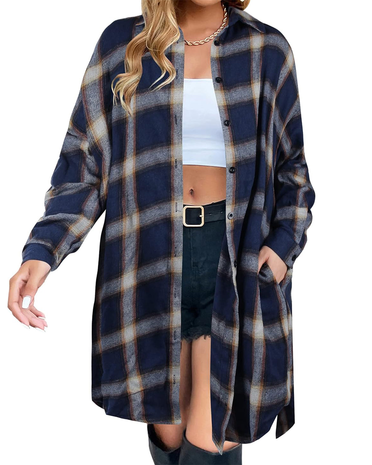 Women's Button Down Flannel Shirts Plaid Shacket  Collared Long Jacket Coats