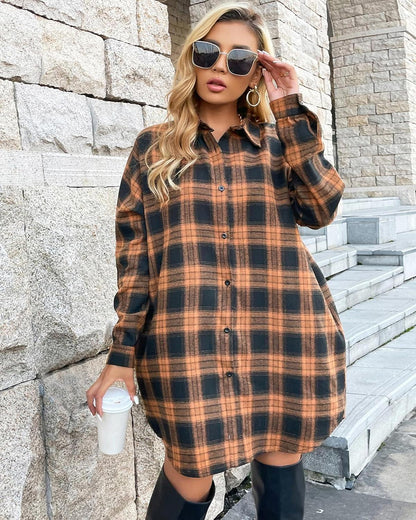 Women's Button Down Flannel Shirts Plaid Shacket  Collared Long Jacket Coats
