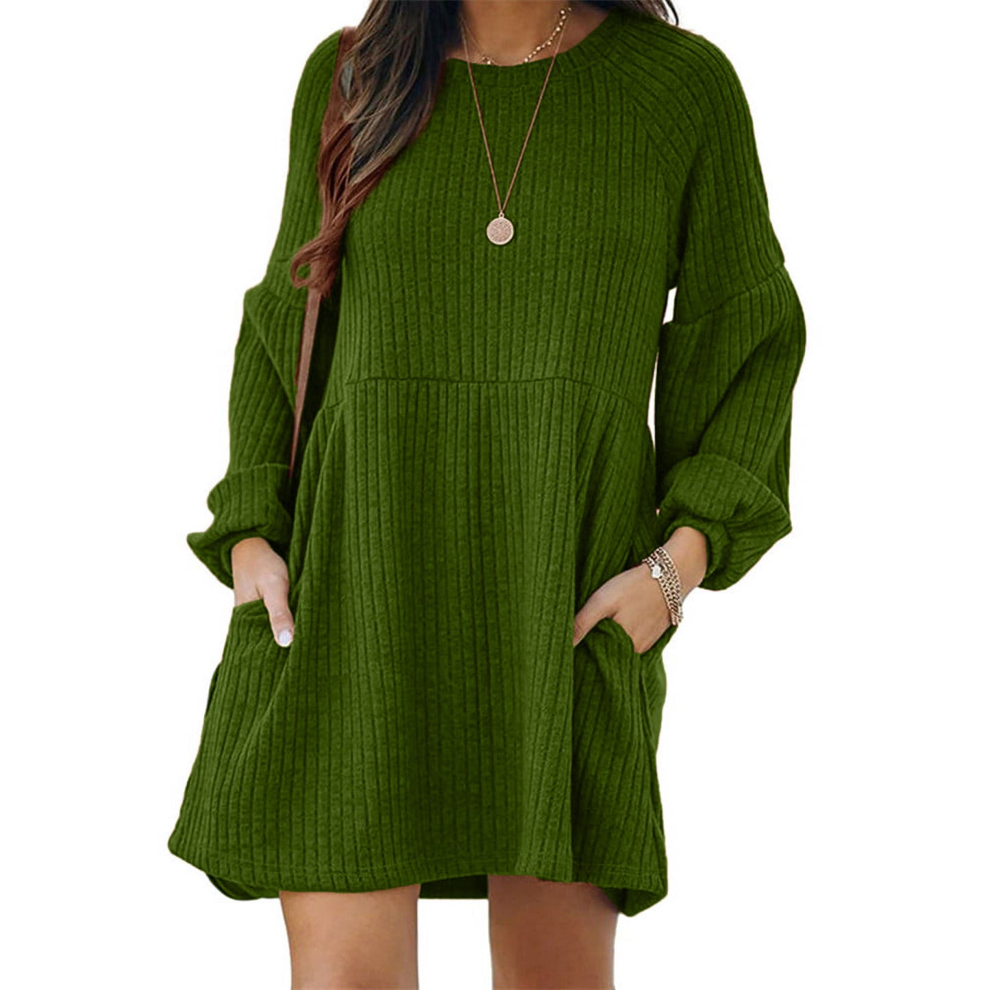 ✨Minimalist Chic Plain Textured Ribbed Pocket Bishop Sleeve Crewneck Dress