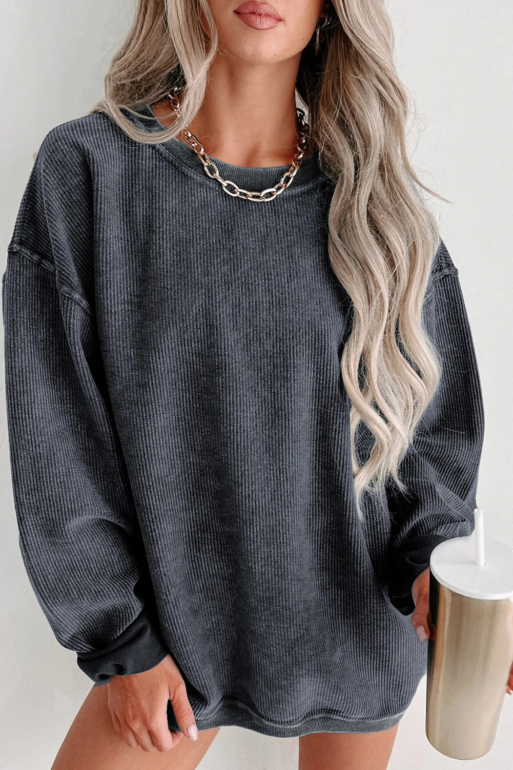 ✨ Women's Solid Color Ribbed Knit Round Neck Pullover Sweatshirt