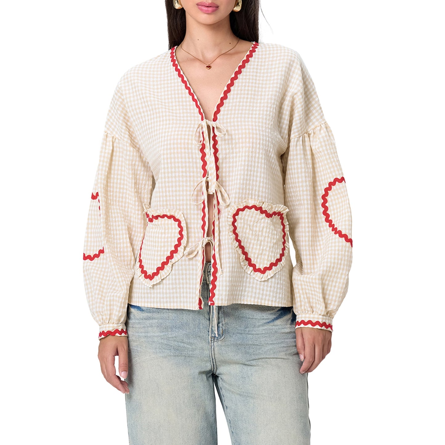 ✨Women Cute Plaid Blouses Long Sleeve V-Neck Bow Tie Front Tops with Pockets