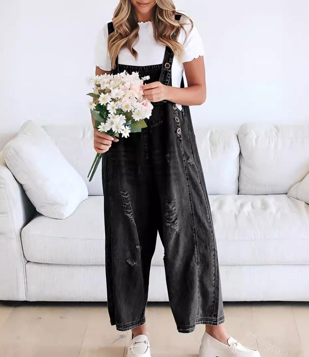 ⏰Hot Sale-Women's Cute Casual Button Jumpsuit Ripped Denim Overalls