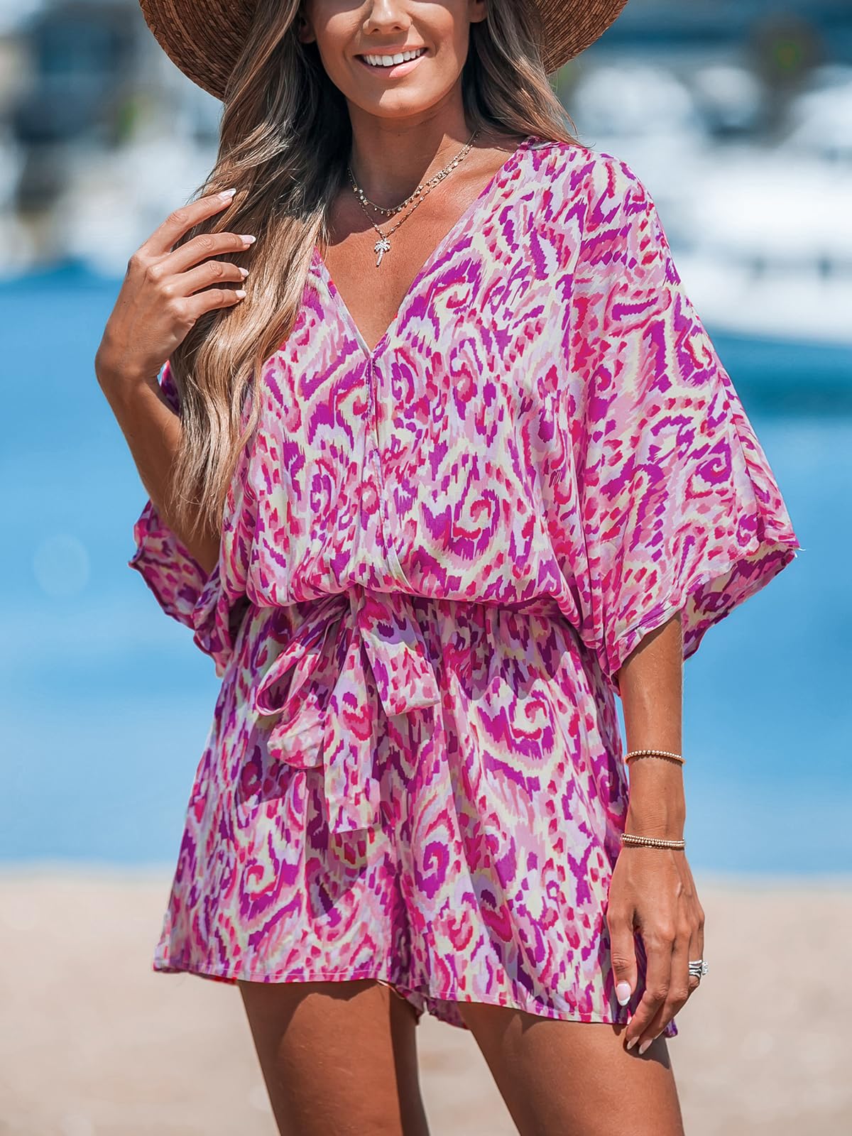 ✨Women's Lace Up Print Romper Short Sleeves Jumpsuits Wide leg Outfit