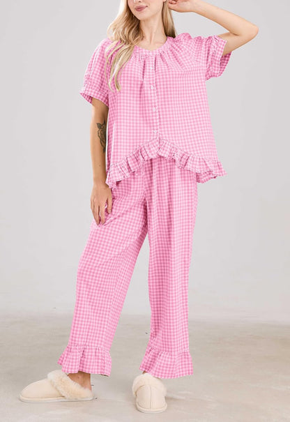 ✨Women Plaid 2 Piece Set Pajamas Outfits Short Sleeve Ruffle Shirt Pants Sets