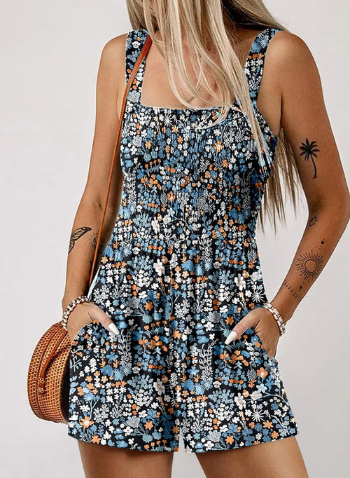 Women's Casual Sleeveless Floral Jumpsuit Cute Romper with Pockets