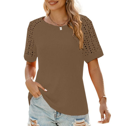 ✨Women Casual Round Neck Waffle Grid Patchwork Hollow Out Embroidered T-Shirt