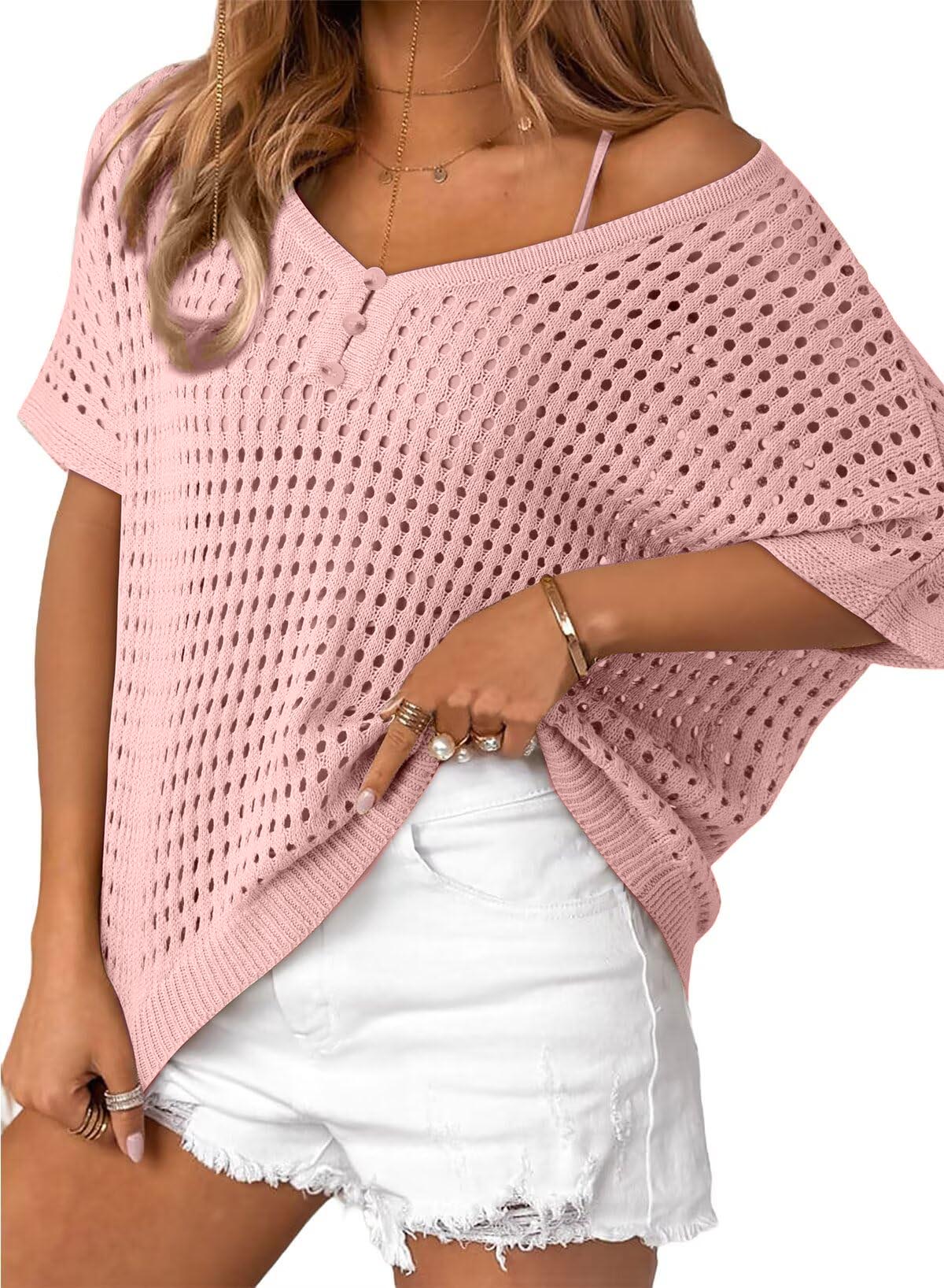 ✨Womens Summer V Neck Short Sleeve Button Down Sweater Casual Crochet Hollow Out Knit Tops Beach Coverup
