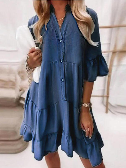 Women's Denim Ruffle Trim V Neck Dress