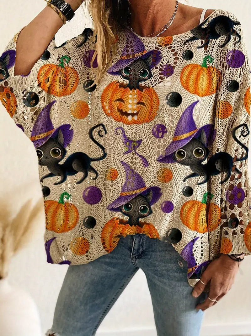 ✨Halloween Crew Neck Pumpkin Loose Fit Long Sleeve Cutout Sweater