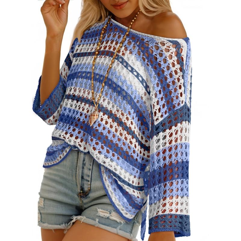 Womens Spring Summer 3/4 Sleeve Crochet Sweater Hollow Out Color Block Striped Tops
