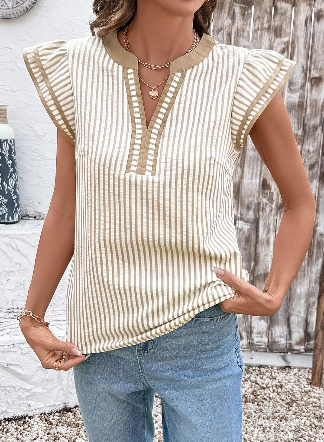 Womens Summer Tops Casual V Neck Cap Short Sleeve Striped T Shirts Loose Boho Blouses