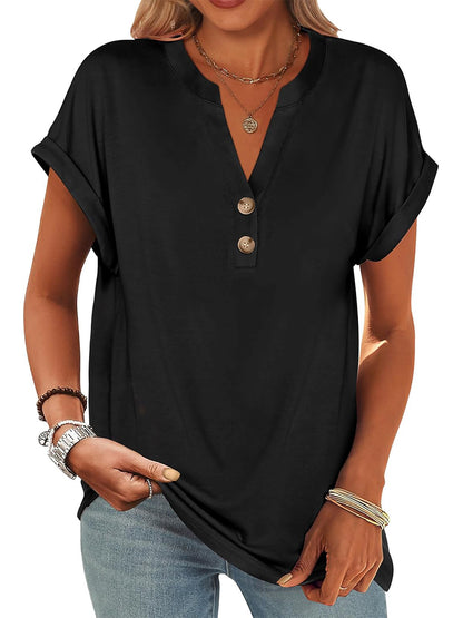 ✨Women's V Neck Button Casual Loose Fit Short Sleeve Henley Tops