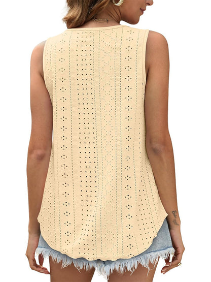HOT SALE Women's Casual Loose Scoop Neck Wide Strap Eyelet Tank Tops