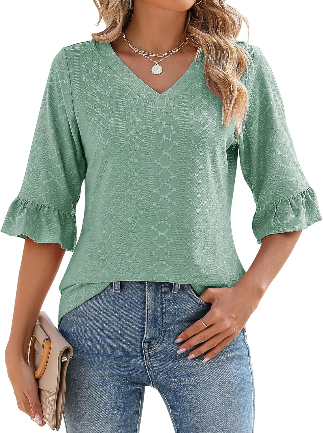 ✨Womens 3/4 Length Sleeve V-Neck Eyelet Casual Ruffle Sleeve Tunic Blouses