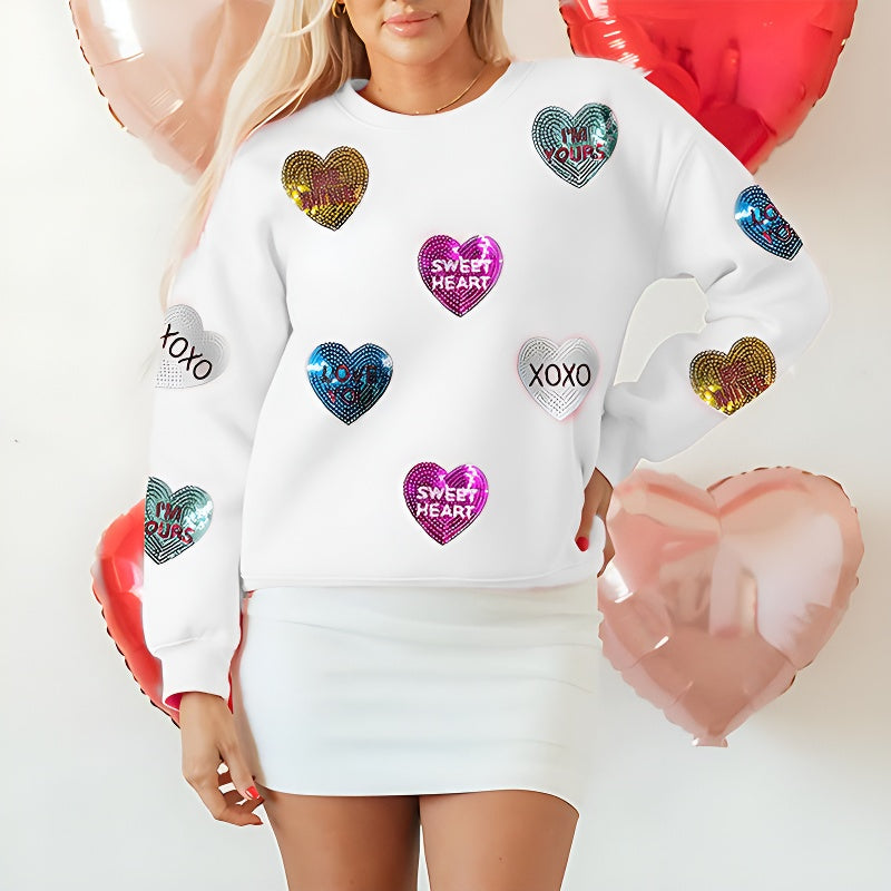Womens Valentine's Day Sweatshirt with Heart Sequins