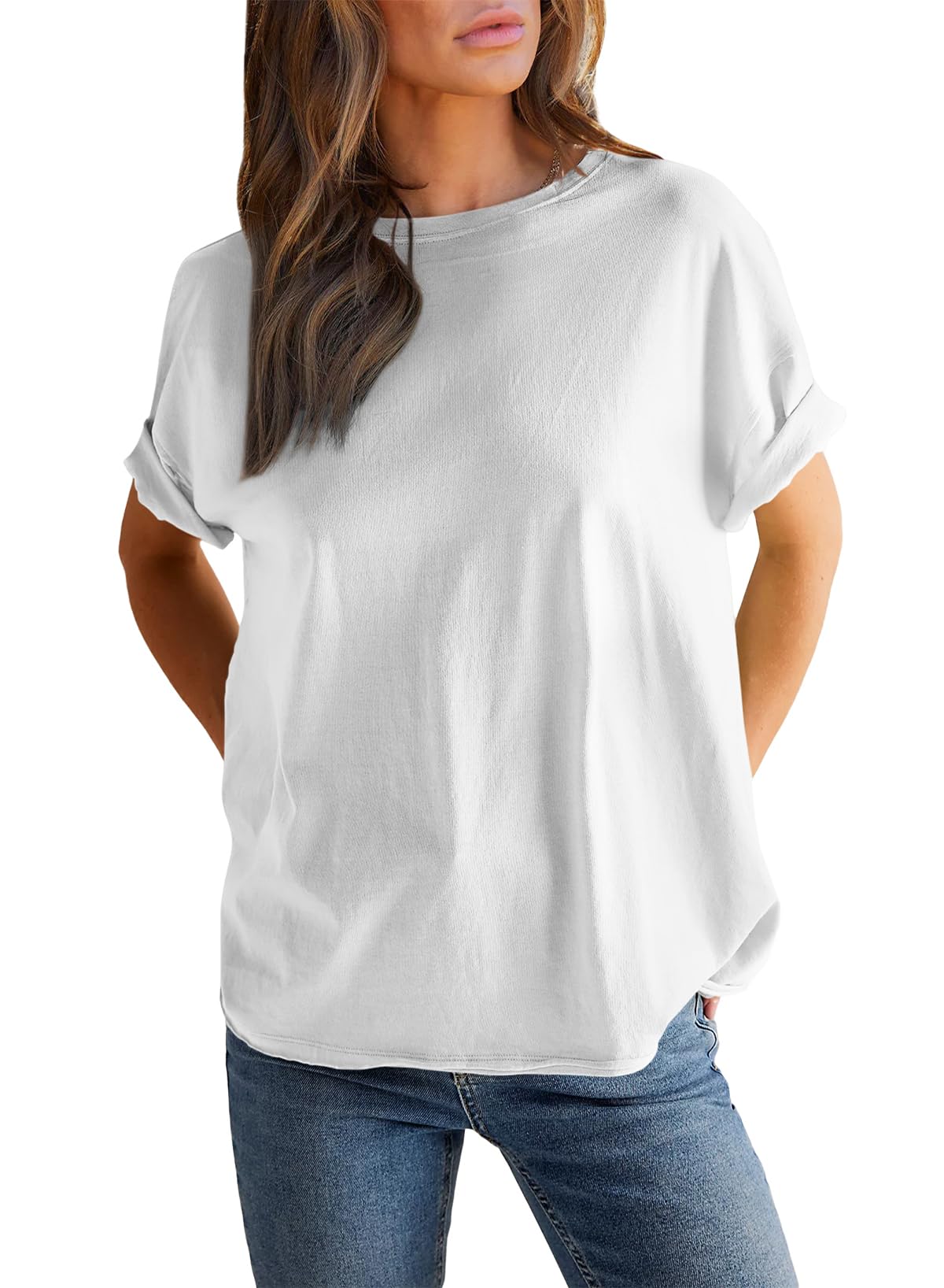 Women’s Round neck solid color short sleeve back spliced T-shirt cotton tee