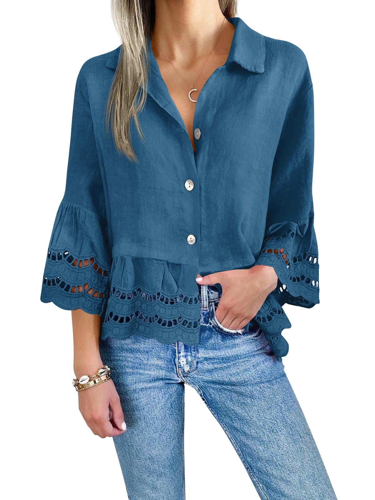 Women‘s Chic Ruffle Hem Blouse with Hollow Out Design