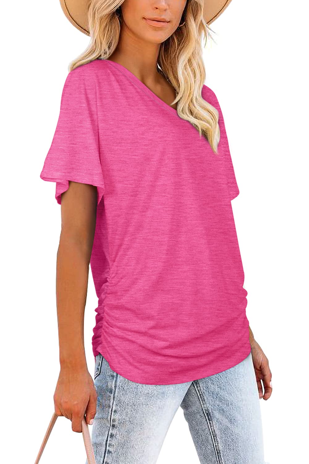 ✨Women's Short Sleeve V Neck Dolman Tops with Side Shirring