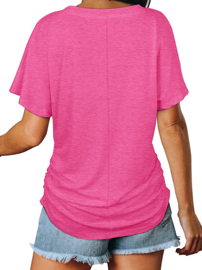 Women's Short Sleeve V Neck Dolman Tops with Side Shirring
