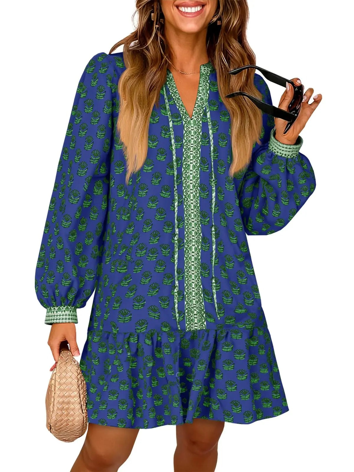 Floral V Neck Babydoll Dress with Pockets