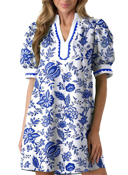 Limited time sale🔥Women's Floral Print V Neck Ricrac Trim Puff Sleeve Dress