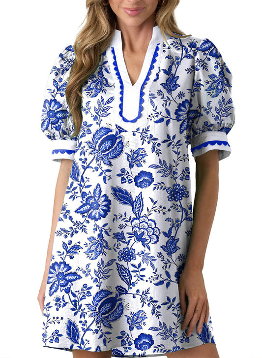 ⏰Hot Sale-Women's Floral Print V Neck Ricrac Trim Puff Sleeve Dress