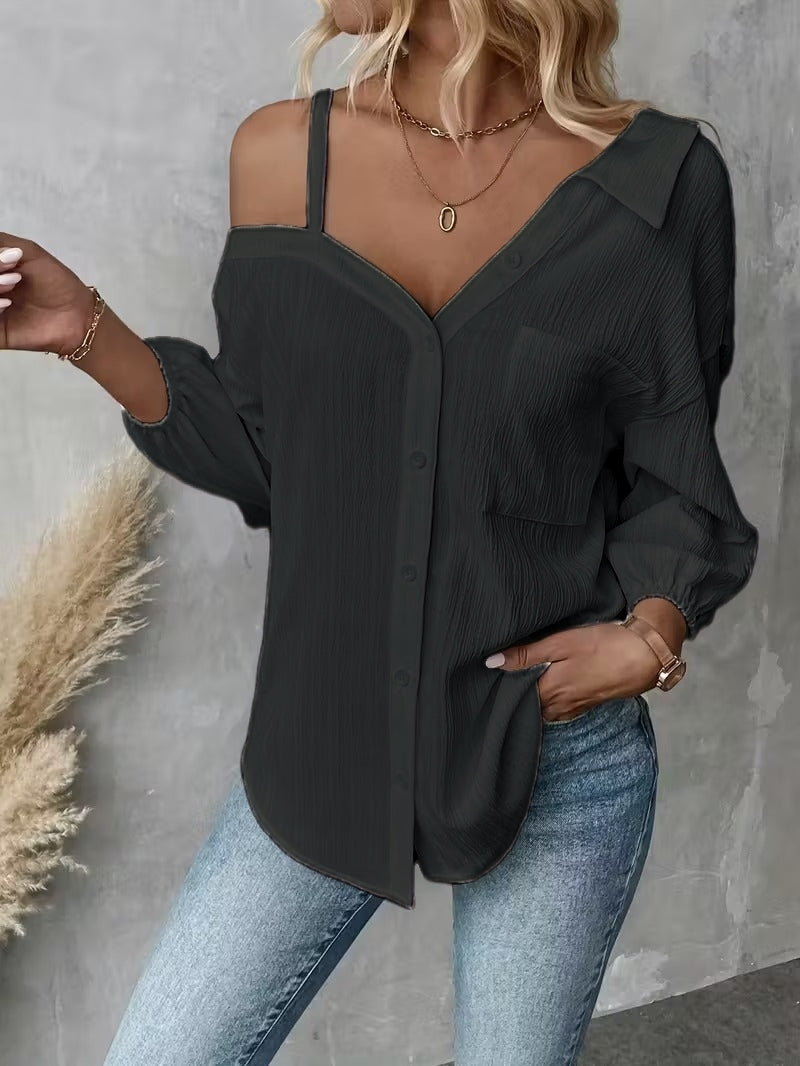 Women's Asymmetric Collar Drop Shoulder Loose Casual Shirt