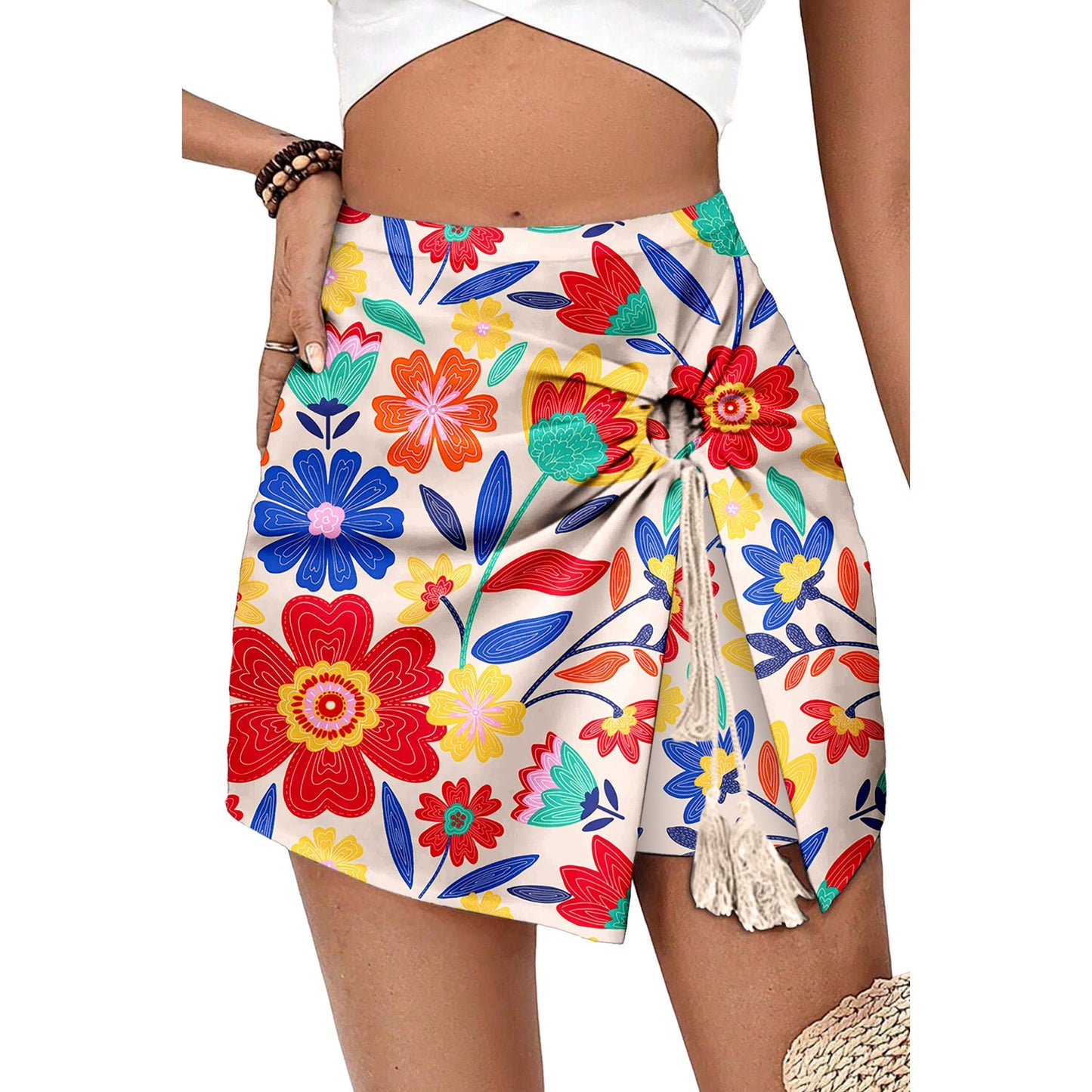Women's Boho Floral Wrap Skort, Chiffon Flowy Tie Front Shorts
