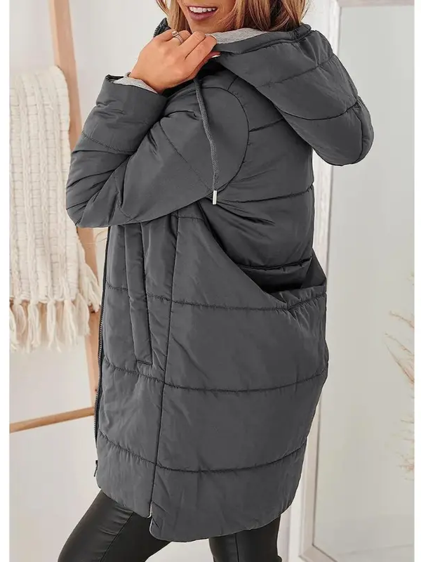 Women Hooded Drawstring Mid Puffer Coat