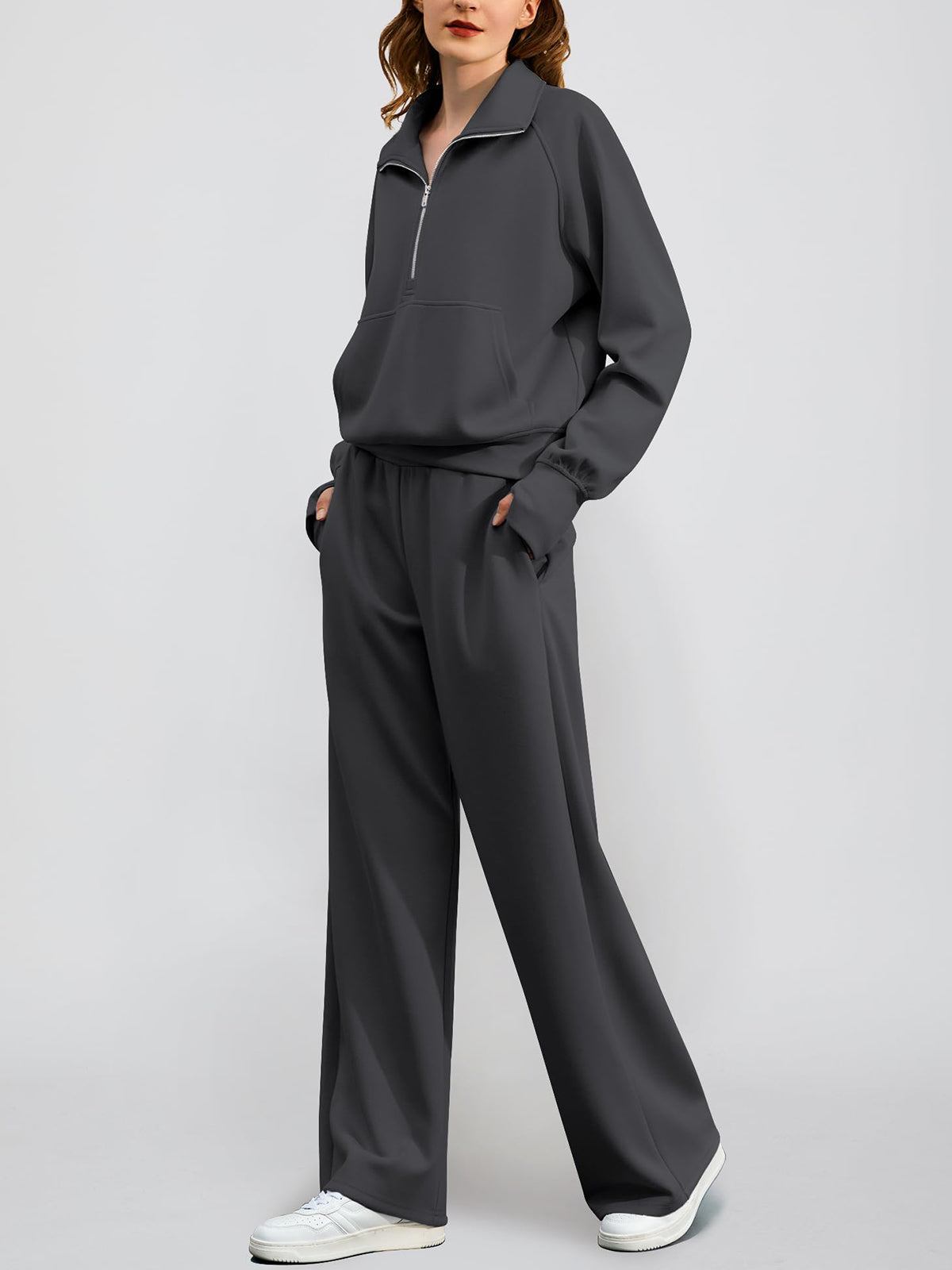 Women's Oversized Half Zip Wide Leg 2 Piece Outfits Lounge Set